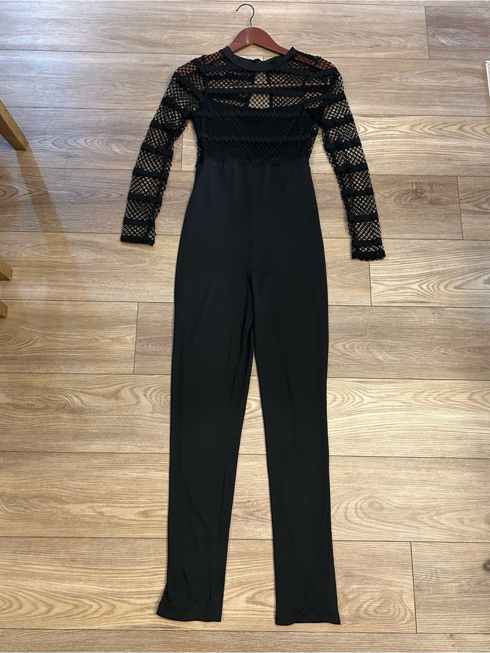 Fashion Nova Black Lace Mesh Long Sleeve Jumpsuit Size L